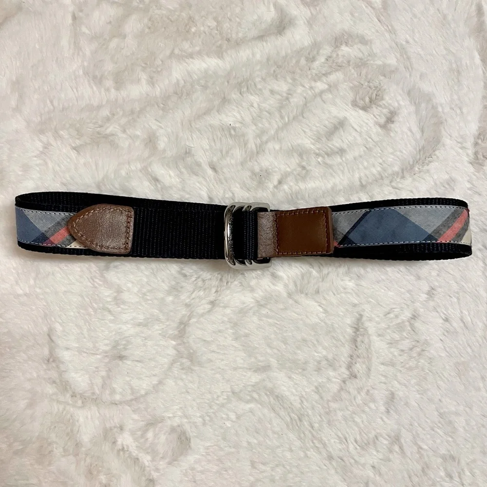 Janie and Jack picnic blue plaid cotton madras and leather d-ring belt, 2T to 3